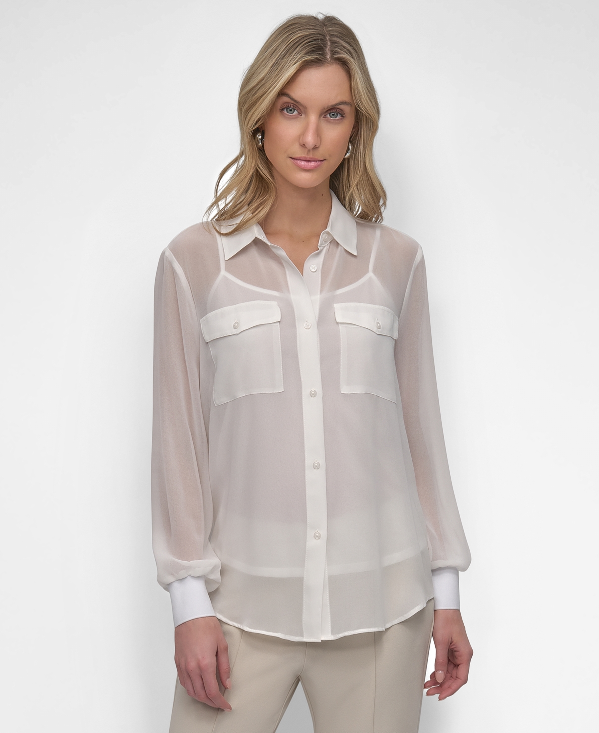Dkny Women's Blouson-sleeve Tie-hem Button-front Top In Ivory