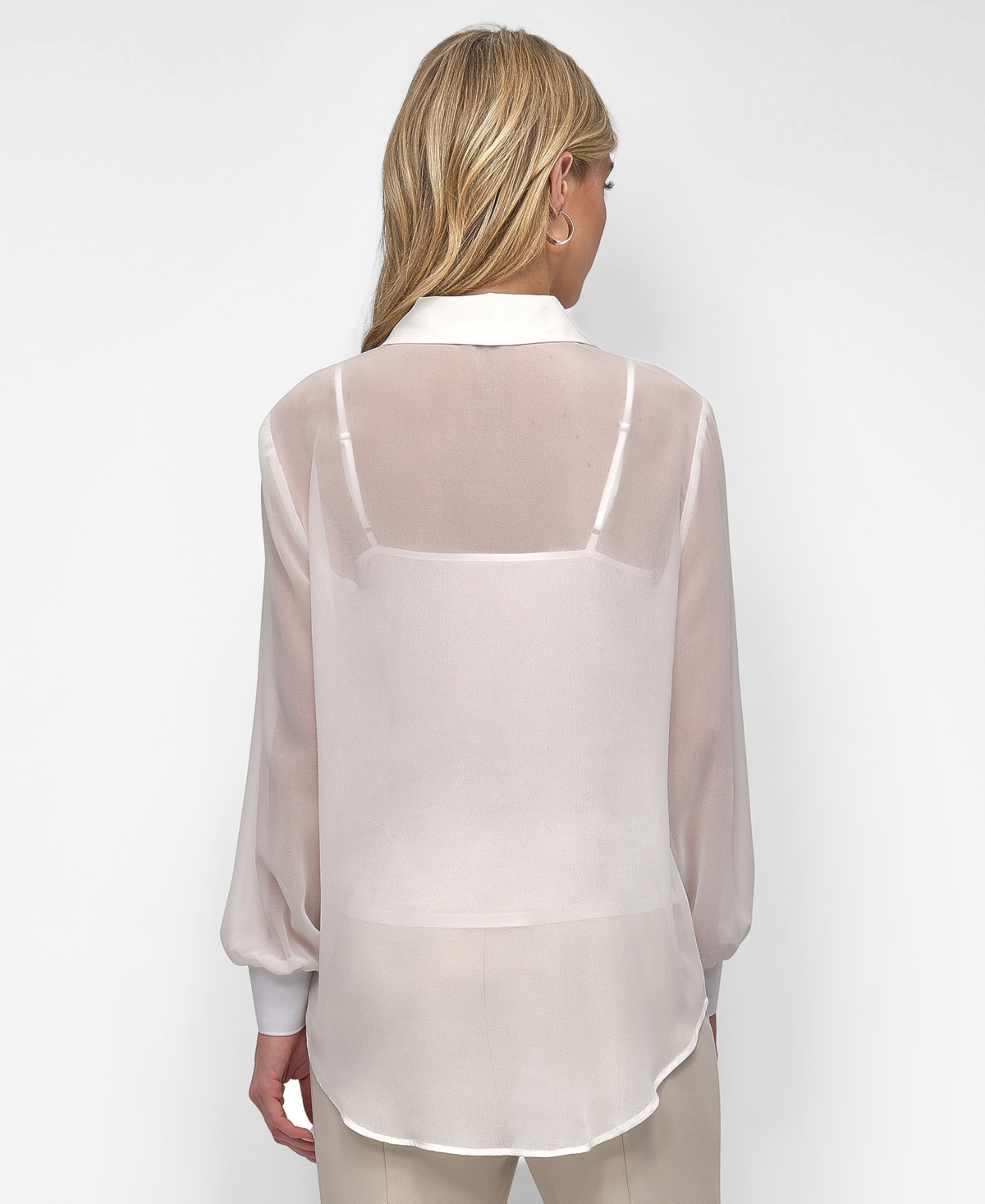 Dkny Women's Blouson-sleeve Tie-hem Button-front Top In Ivory