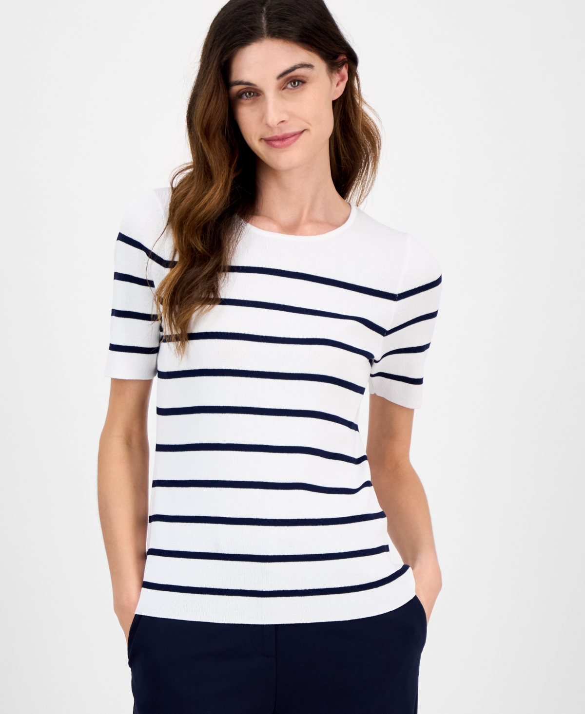 Women's Striped Short-Sleeve Sweater - Ivory/Navy