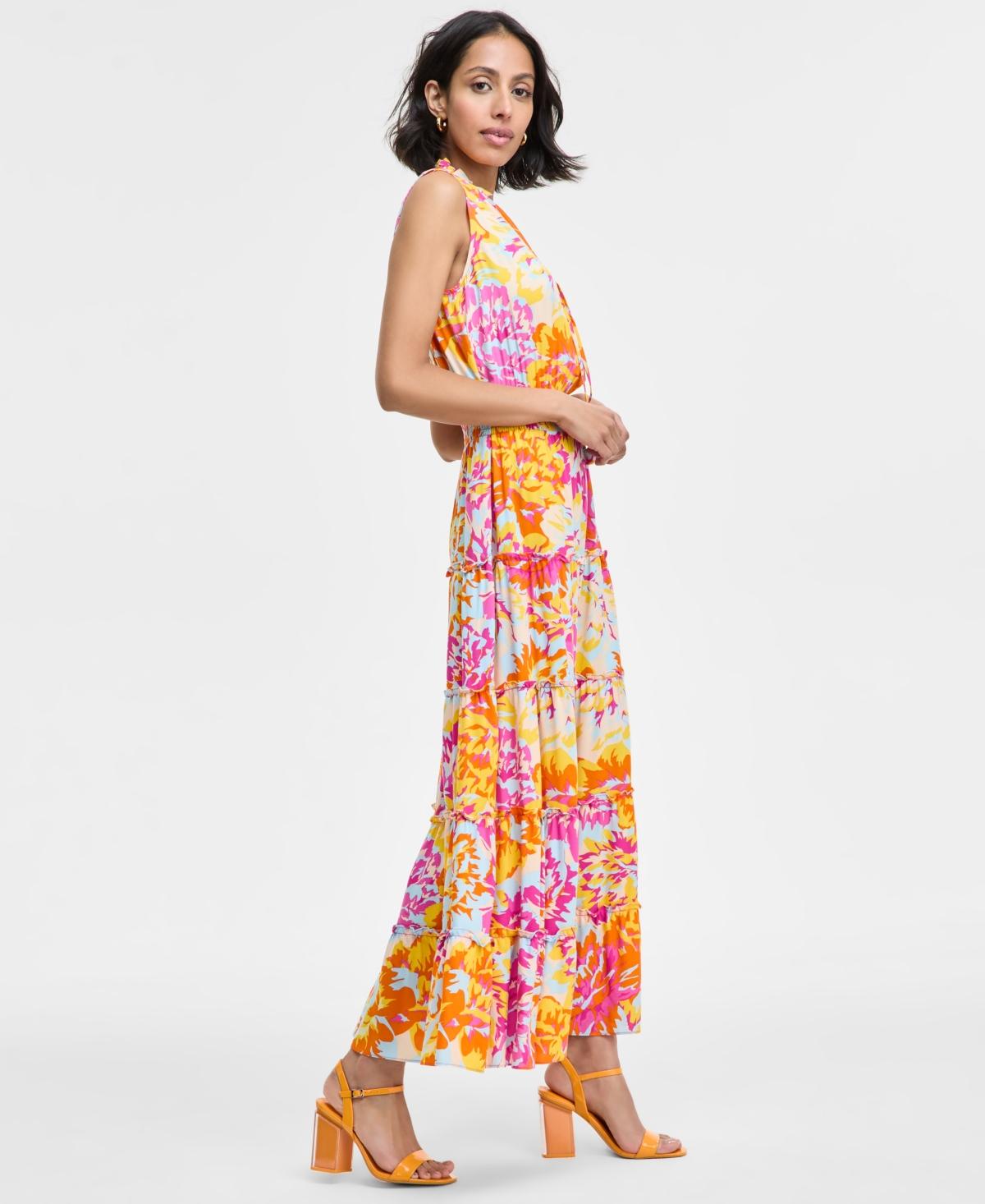 Msk Women's Printed Ruffle-collar Tiered Maxi Dress In Pink