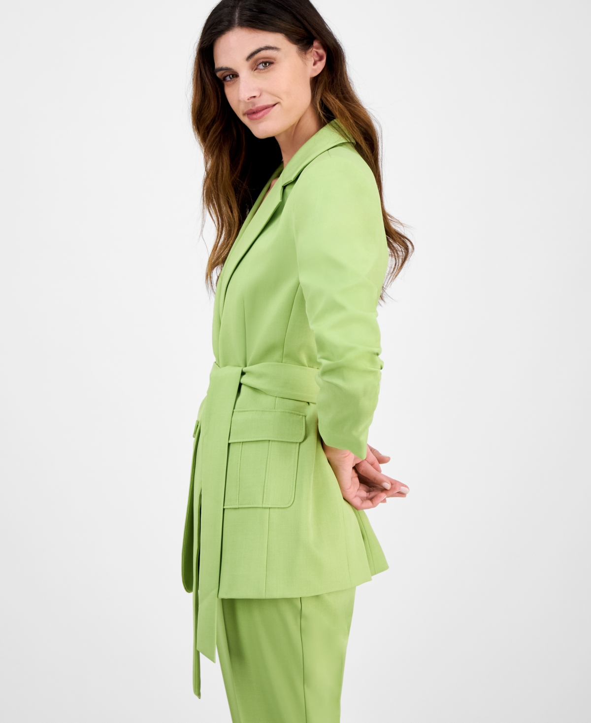 Tahari Asl Ruched Sleeve Belted Jacket In Fern