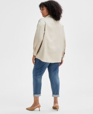 Inc International Concepts Plus Size Embellished Button Top Slim Tech Rolled Cuff Boyfriend Jeans Exclusively At Macys In Natural Sand