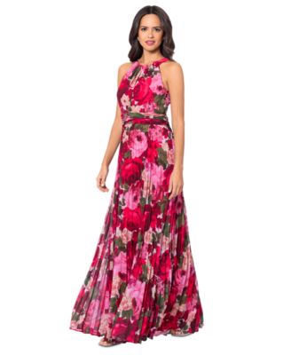 XSCAPE Women's Pleated Floral Chiffon Halter Dress