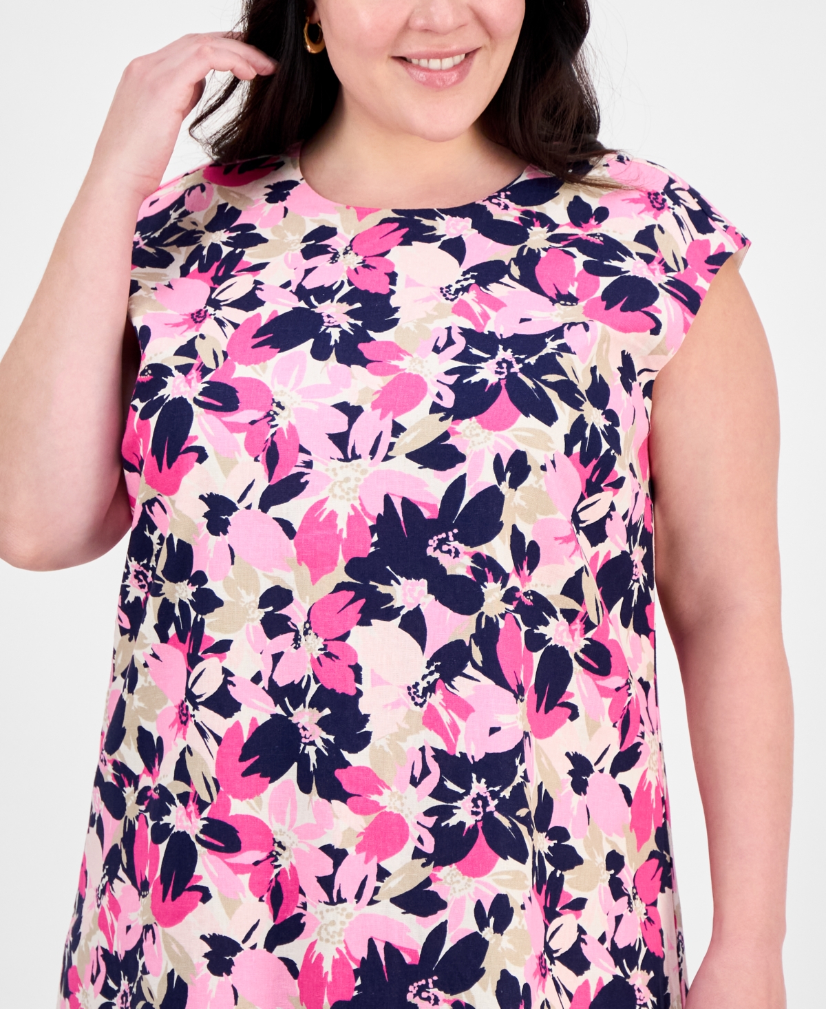 Jones New York Floral Extended Cap Sleeve Linen Blend Dress In Jones White