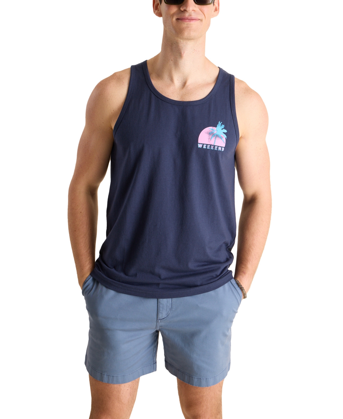 Men's Palm Wave Print Sleeveless T-Shirt - Navy