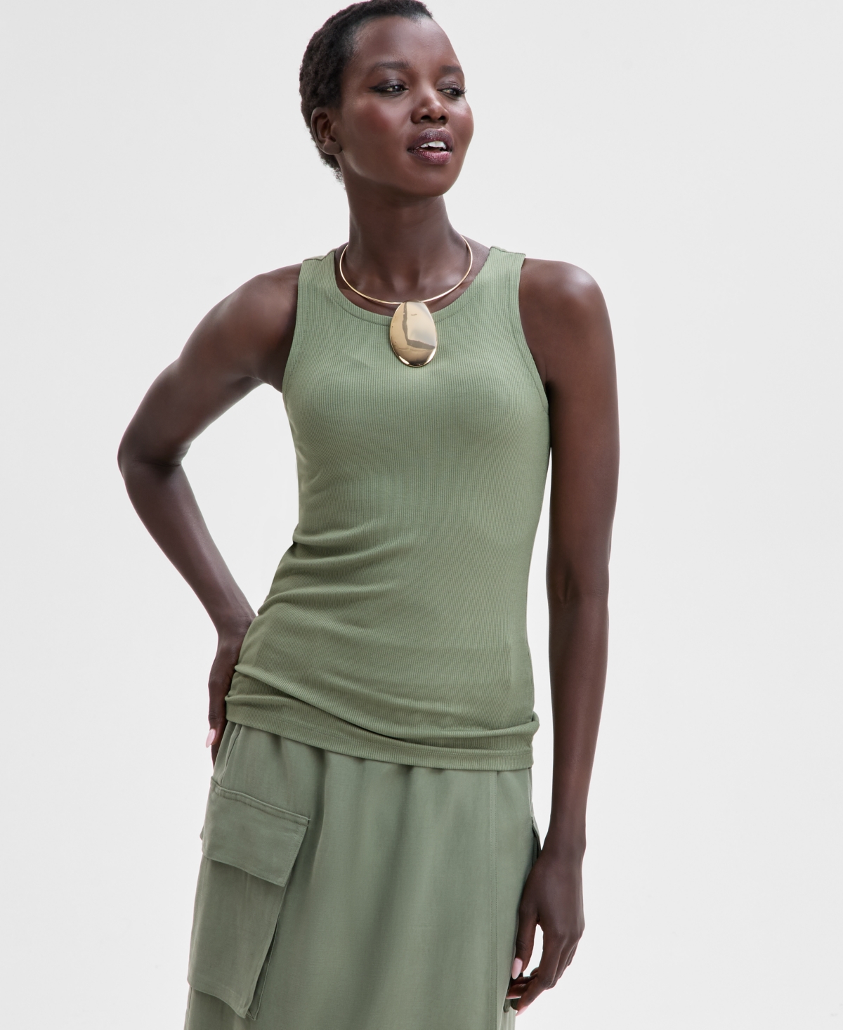 Women's Ribbed Knit Tank Top, Exclusively at Macy's - Olivine