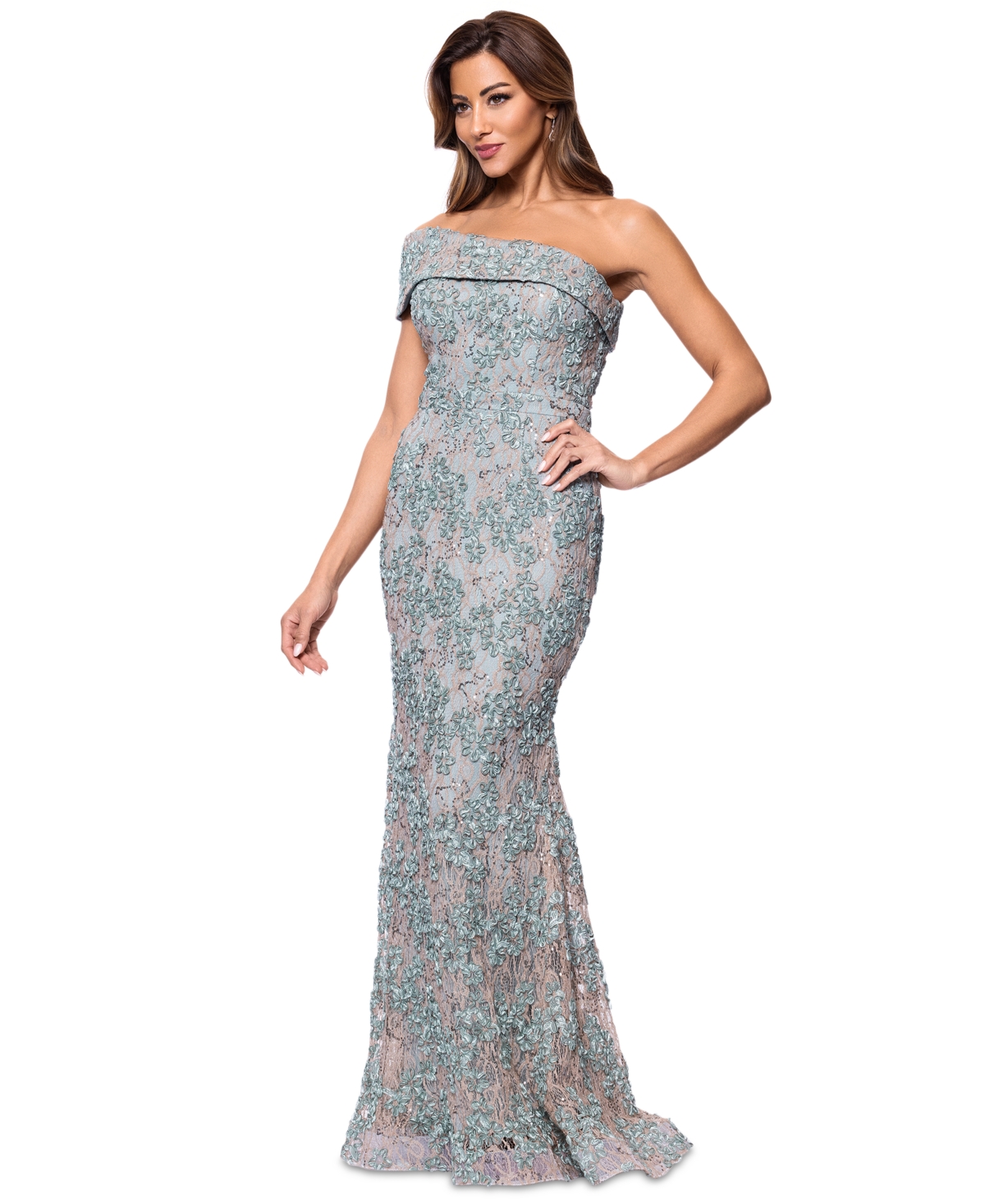 Xscape Women's One-shoulder Soutache Lace Gown In Sage,gold