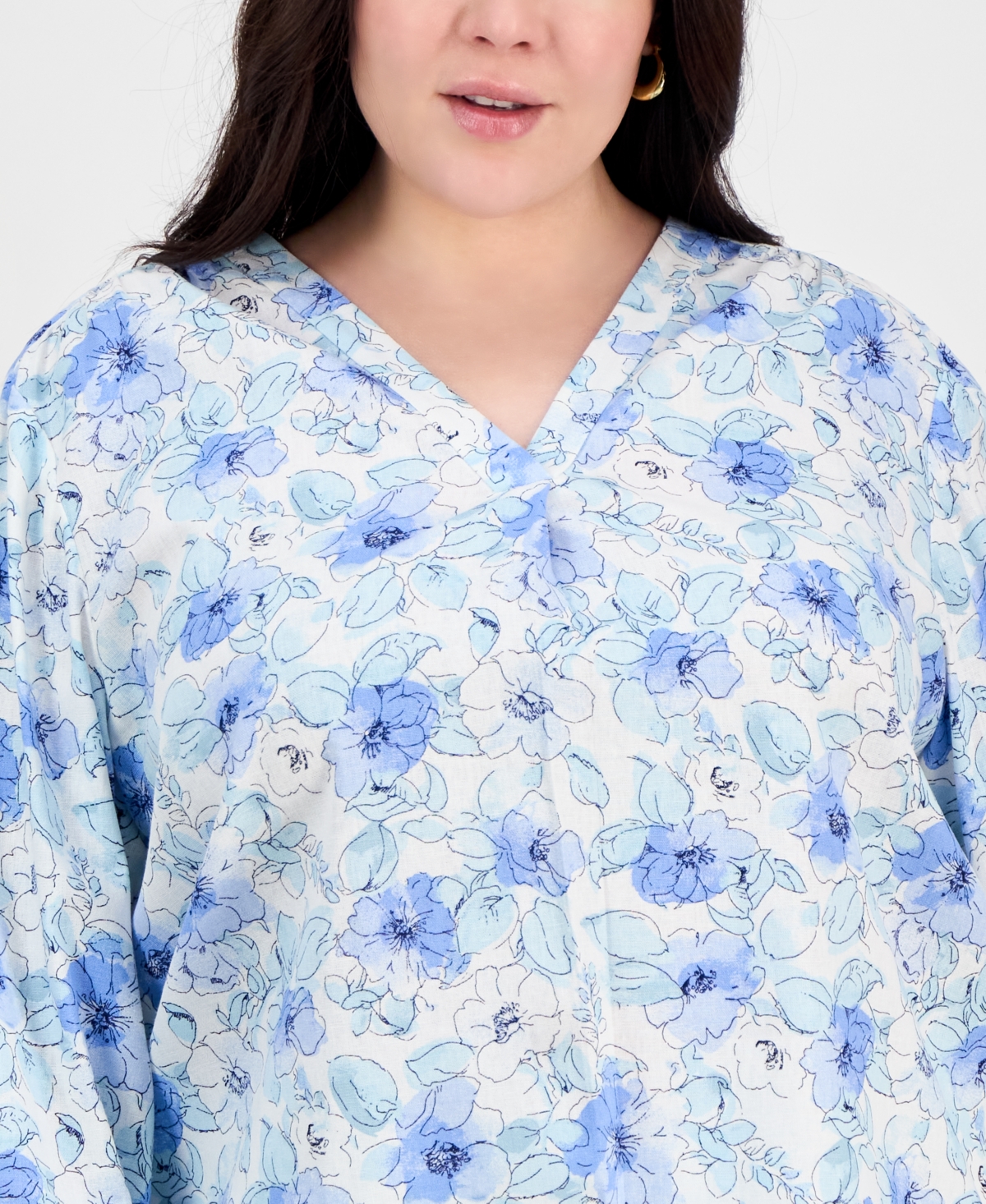 Shop Jones New York Plus Size Floral-print Linen-blend Tunic In Nyc White