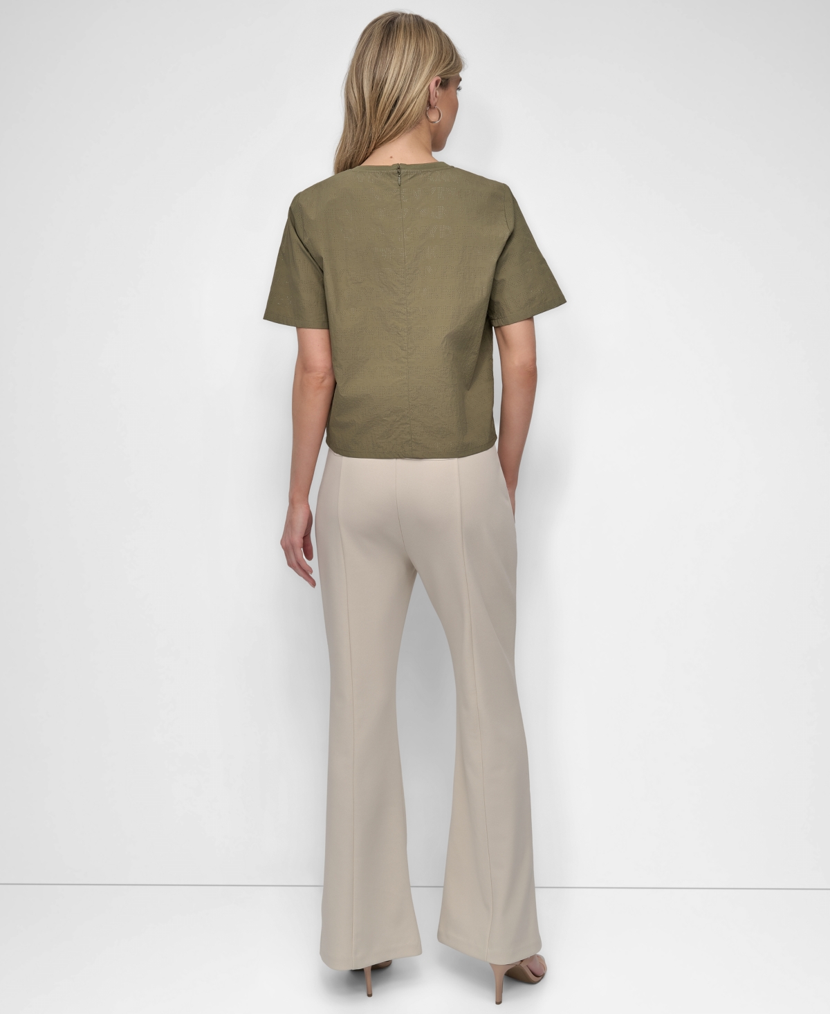 Dkny Peforated Logo Boxy Nylon T-shirt In Utility Green