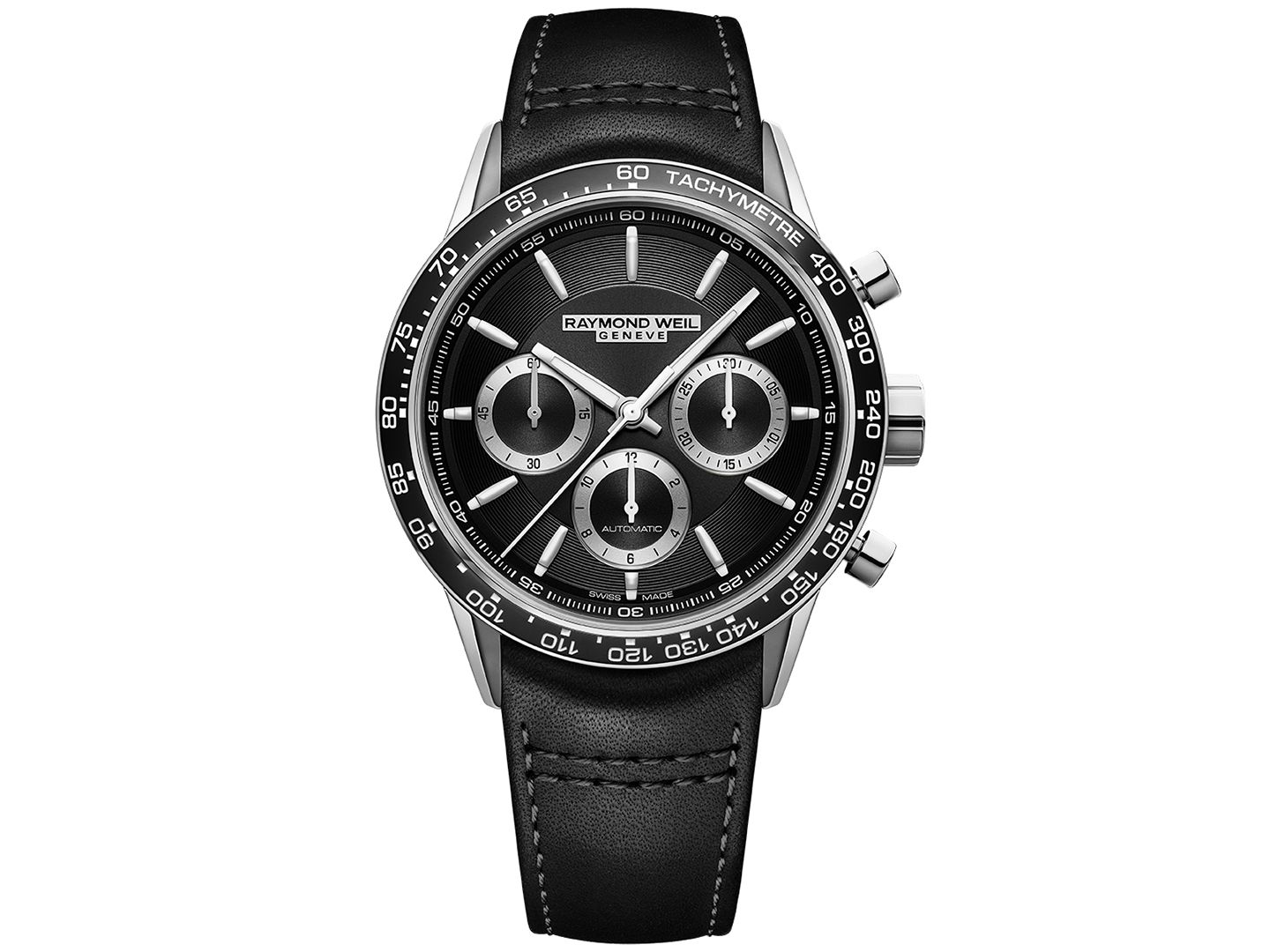 Мужские часы Raymond Weil Swiss Automatic Chronograph Freelancer Black Leather Strap Watch 44mm — фото 1