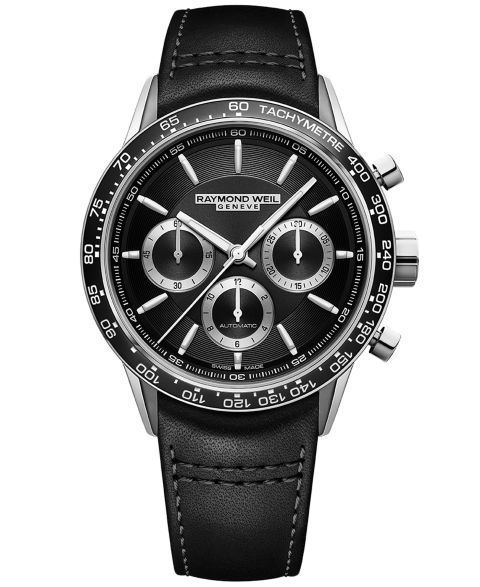 Мужские часы Raymond Weil Swiss Automatic Chronograph Freelancer Black Leather Strap Watch 44mm