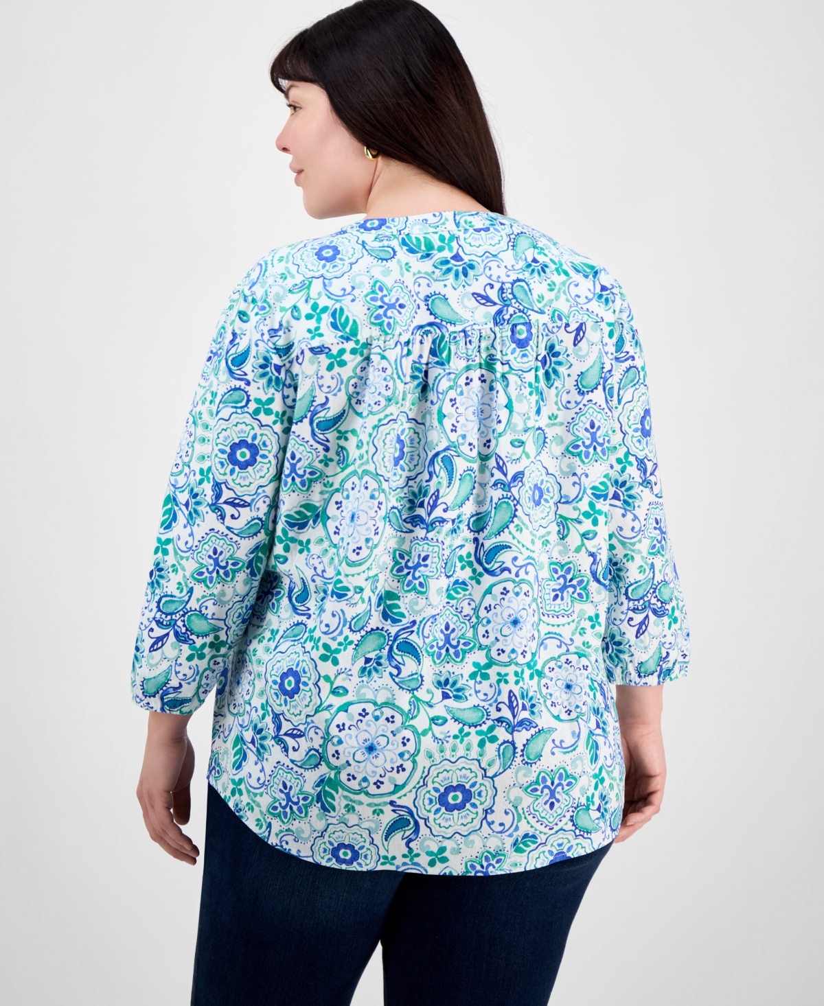 Jones New York Plus Size Floral-print Linen-blend Tunic In Aqua Wave Multi