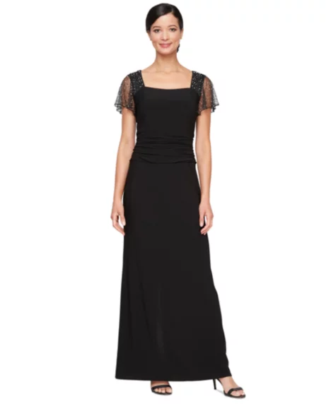 Petite Beaded Flutter-Sleeve Ruched Gown - Black