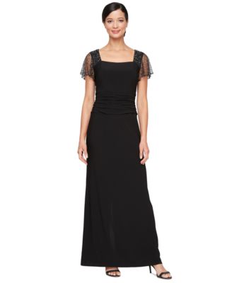 Petite Beaded Flutter-Sleeve Ruched Gown