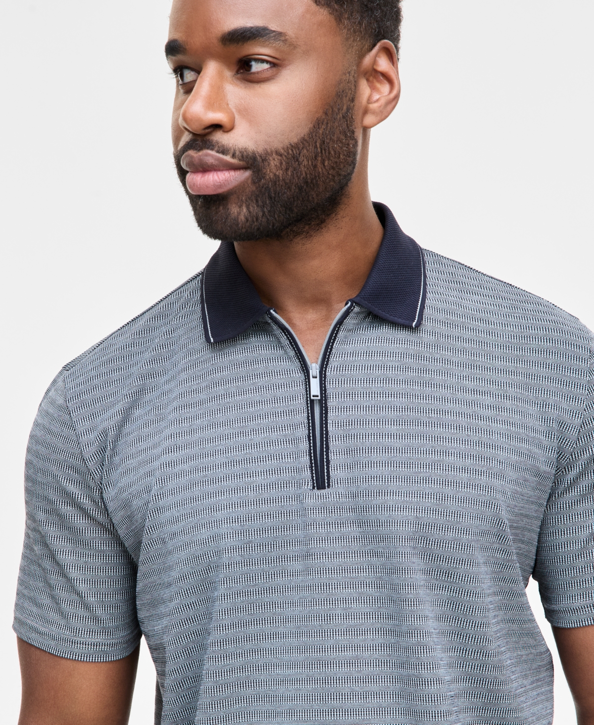 Karl Lagerfeld Men's Performance Stripe Zip Polo Shirt In Navy
