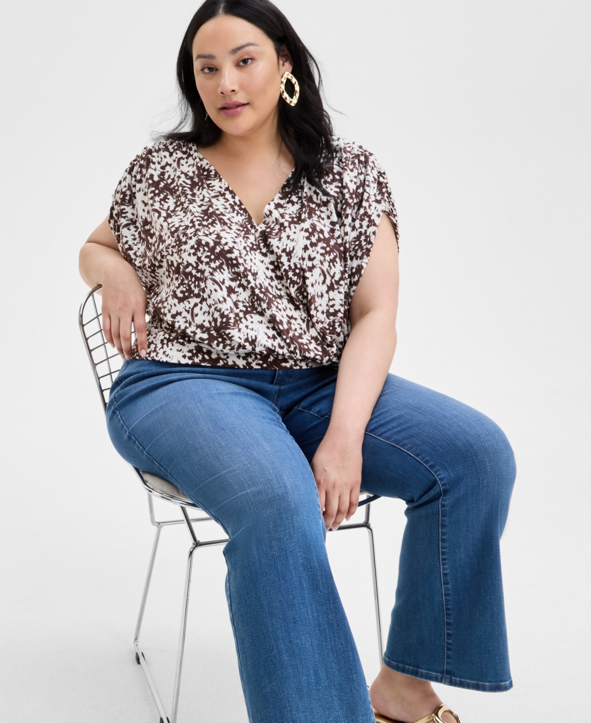 Inc International Concepts Inc Plus Size Printed Ruched Surplice-neck Top, Exclusively At Macy's In Deep Black
