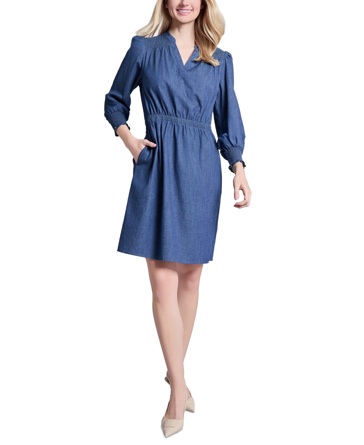Women's Smocked-Trim Dress - Dark Wash