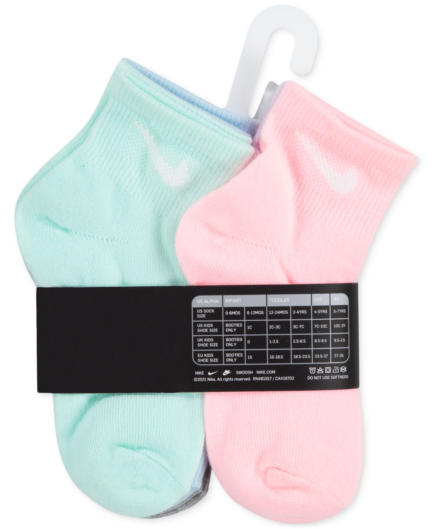 Girls' 4-7 Metallic Swoosh Quarter Socks, 6-Pack