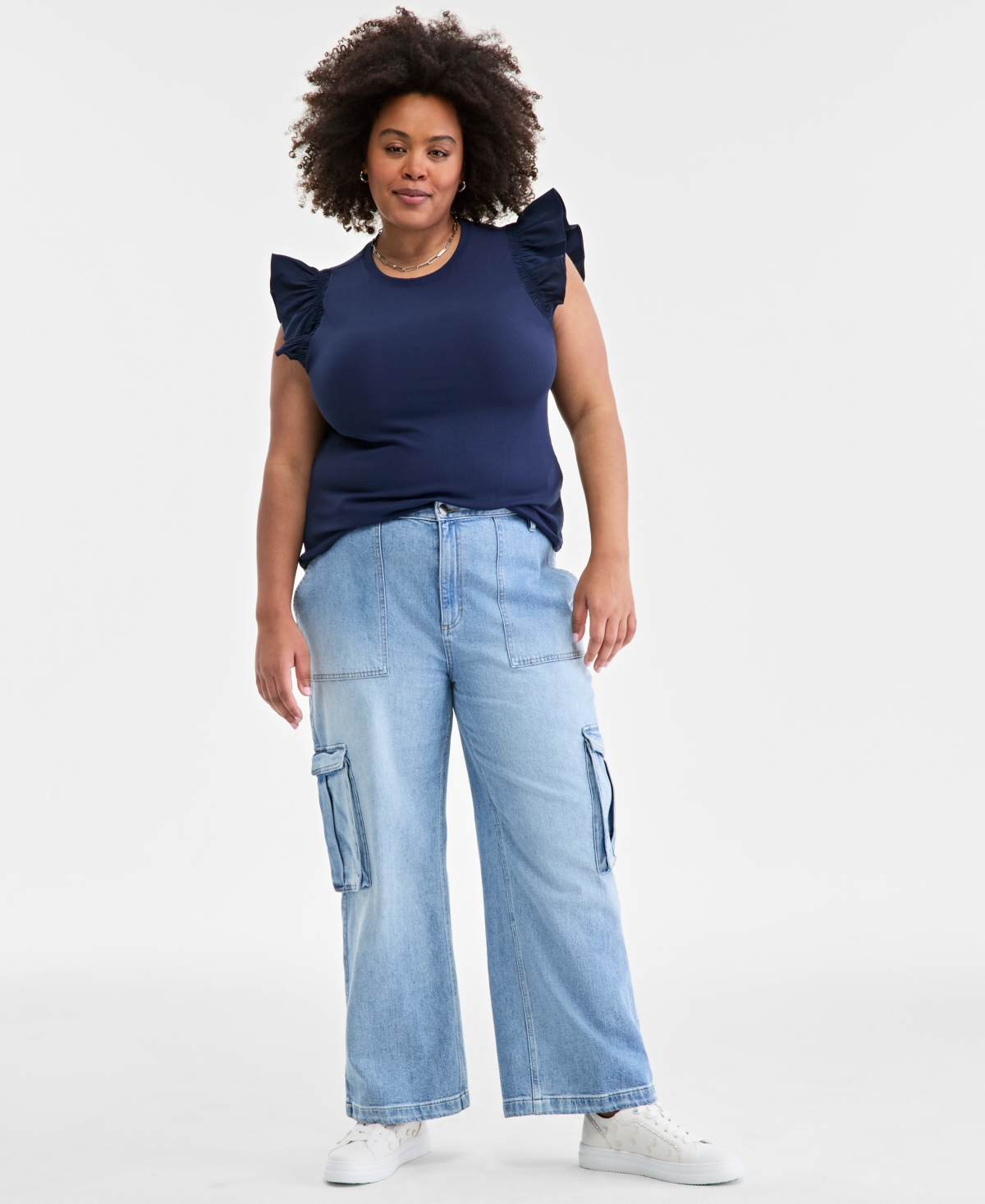 Plus Size Women's Light Wash High Rise Utility Cargo Jeans, Created for Macy's - Light Wash