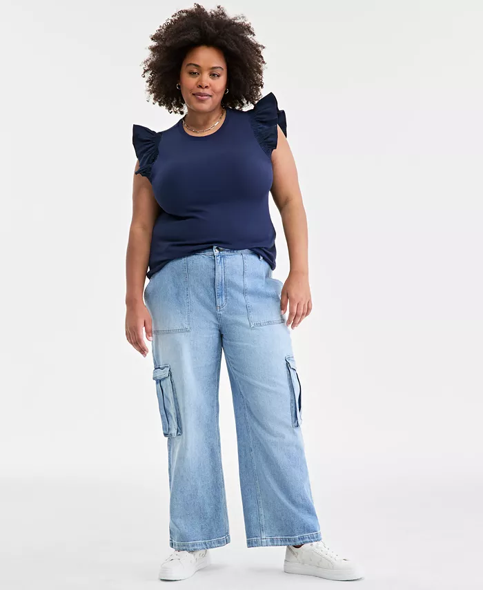 Women's Light Wash High Rise Utility Cargo Jeans
