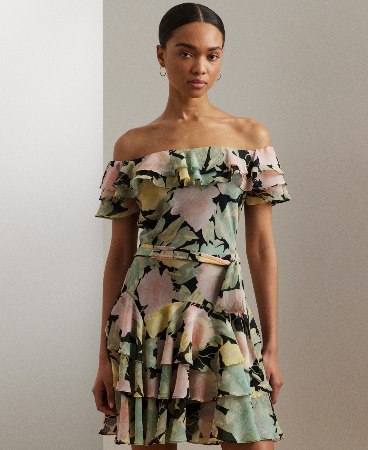 Ralph Lauren Women's Floral Off-the-shoulder Cocktail Dress In Black,pink,green
