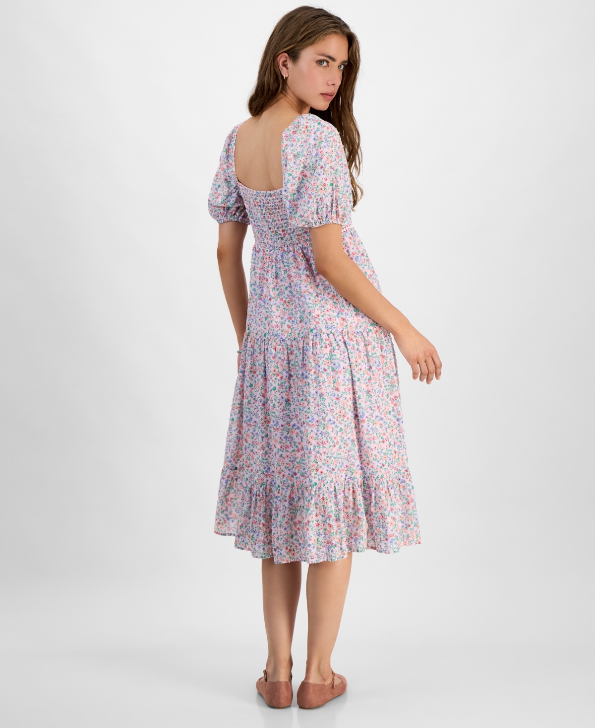 KINGSTON GREY JUNIORS' FLORAL TIERED PUFF-SLEEVE MIDI DRESS 