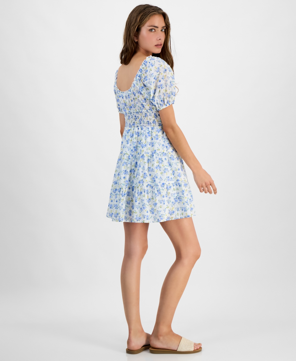 KINGSTON GREY JUNIORS' FLORAL-PRINT COTTON PUFF-SLEEVE MINI DRESS 