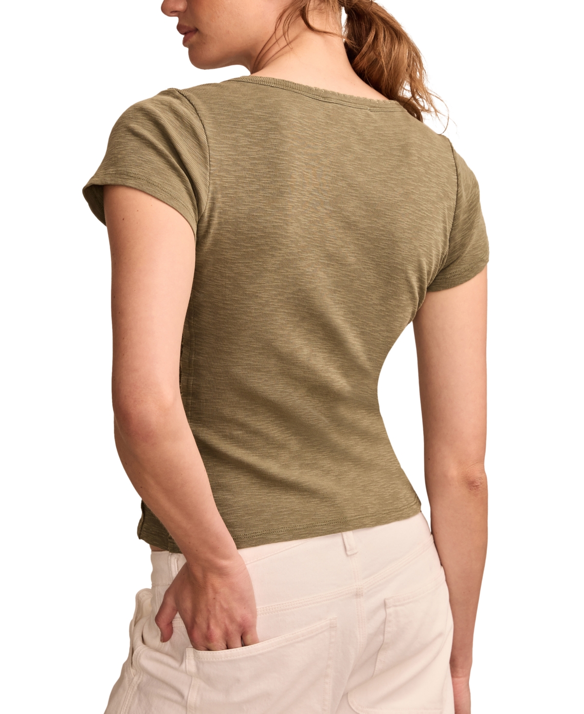 Lucky Brand Women's Cotton Crochet-trim Short-sleeve Henley Top In Dusty Olive