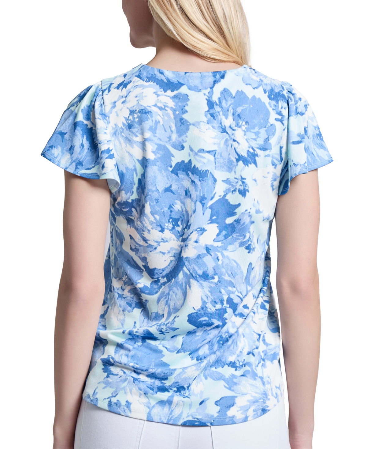Jones New York Floral Flutter Sleeve Top In Soft Seaglass Multi