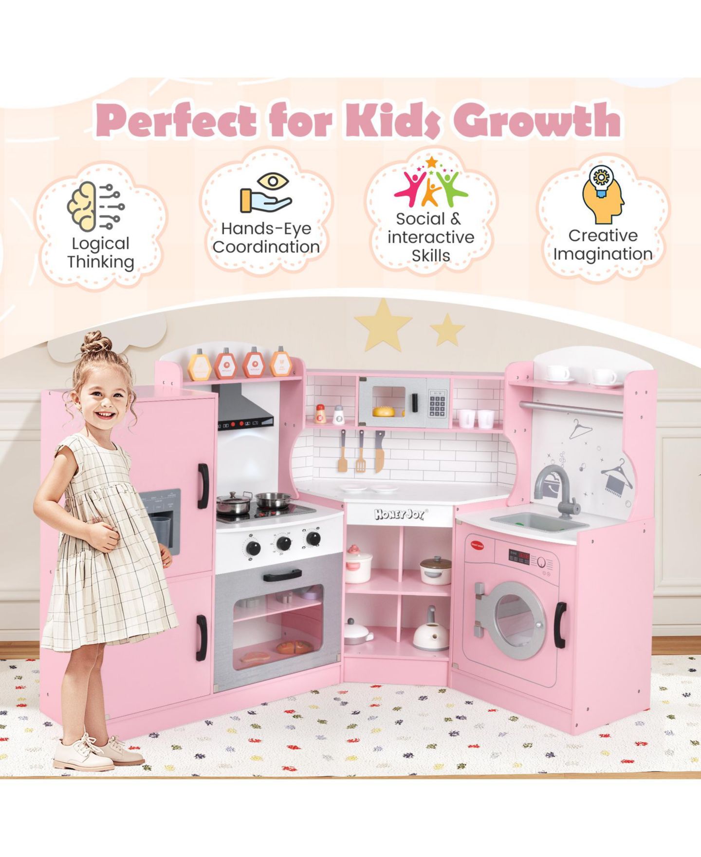Детская игрушка Slickblue Washing Machine & Ice Maker Corner Play Kitchen, Ages 3+, цвет: Розовый — фото 7