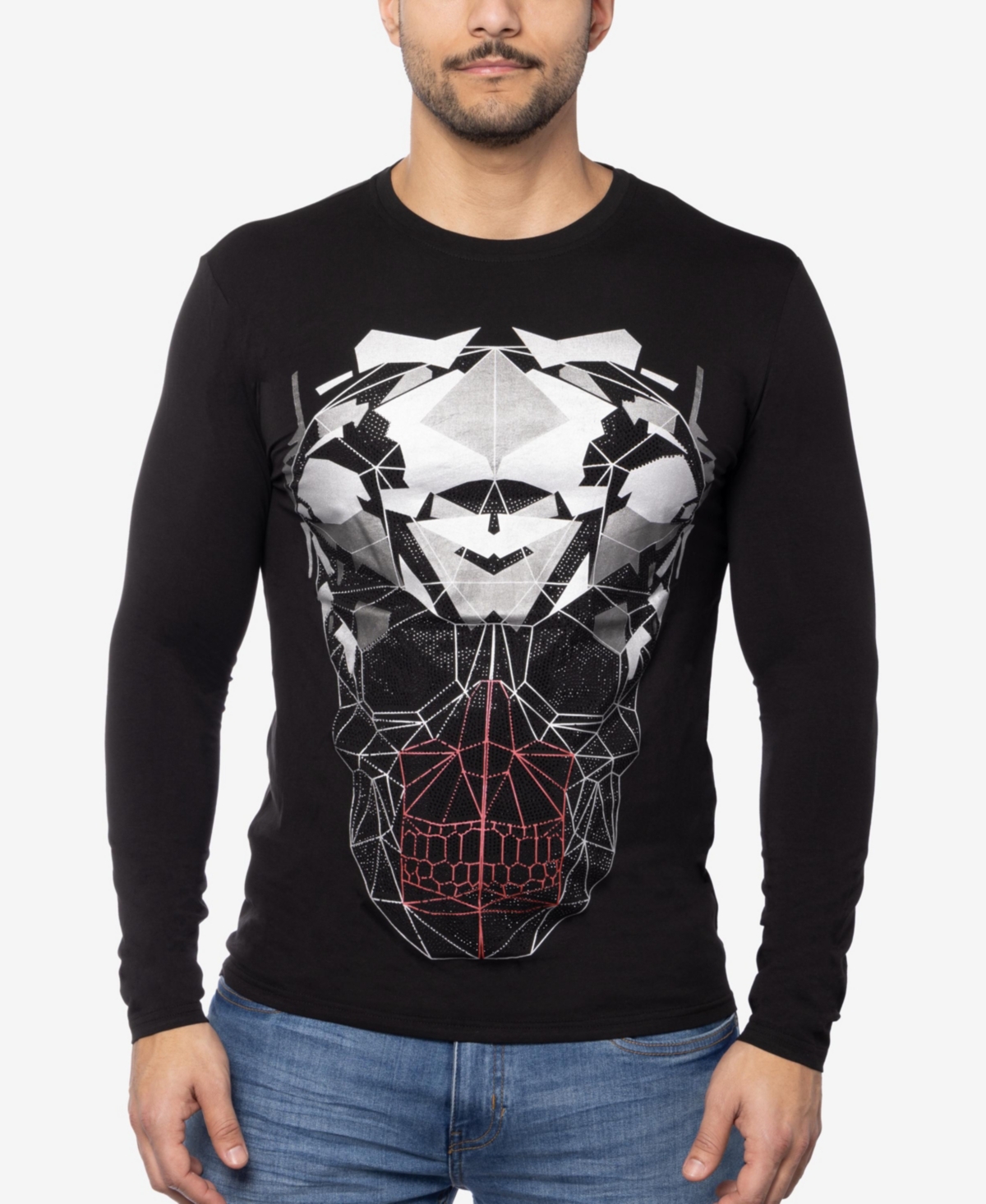 Men's Geometric Skull Rhinestone Graphic Long Sleeves T-Shirts - Black
