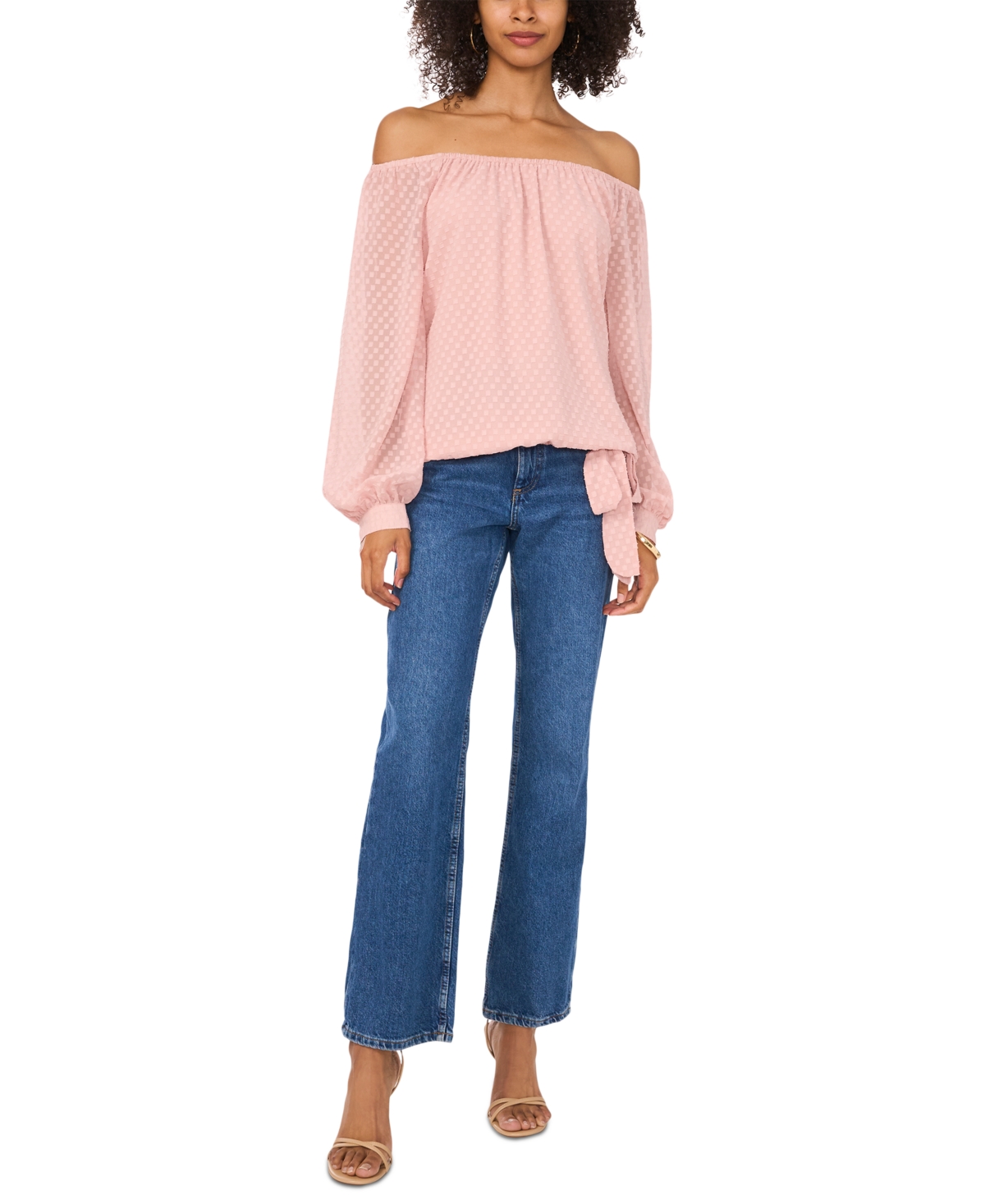 Vince Camuto Women's Textured Off-the-shoulder Long-sleeve Tie-front Blouse In Pink