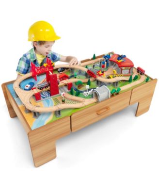 Kids Double-Sided Wooden Train Table Playset with Storage Drawer