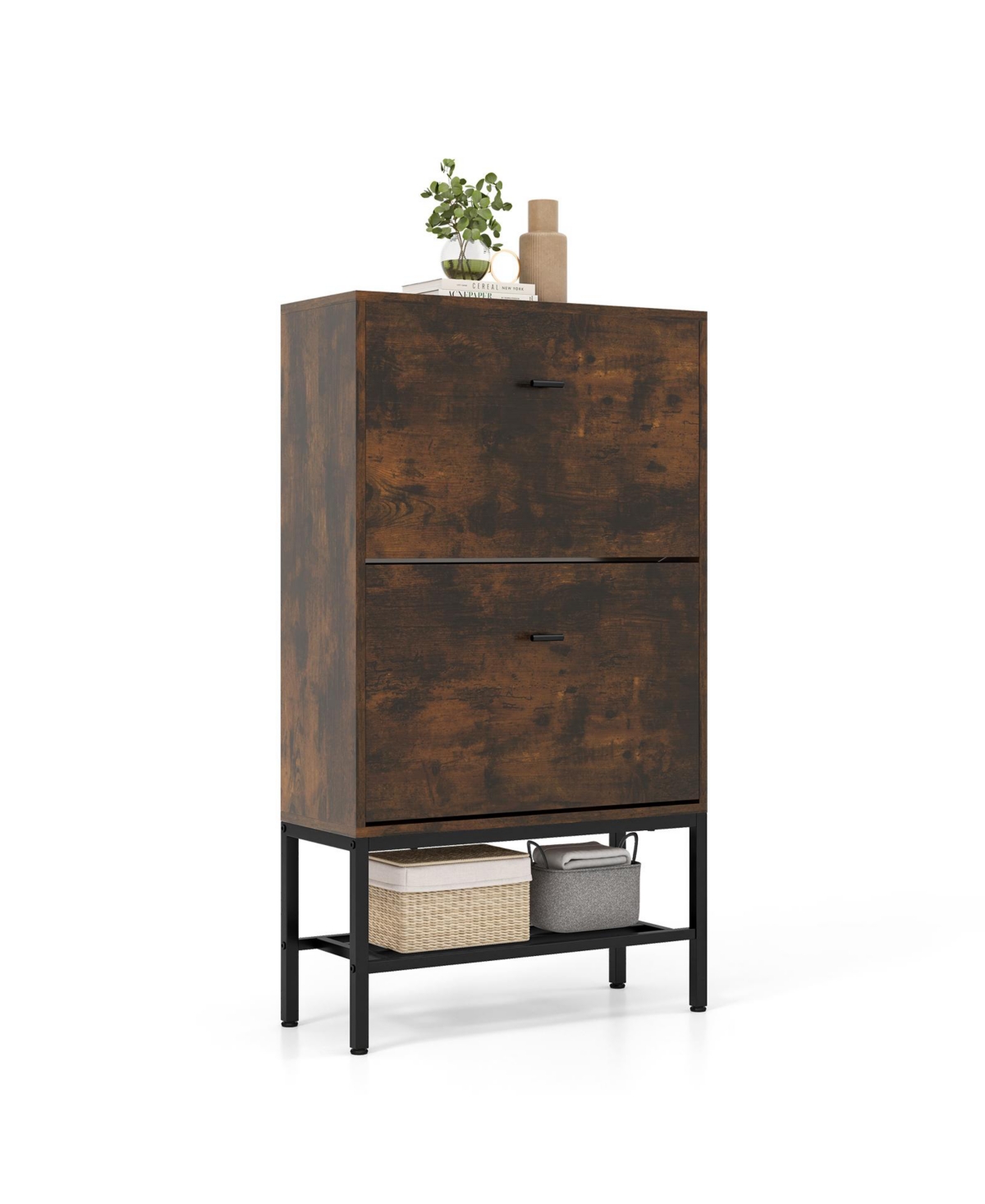 Modern Industrial Shoe Cabinet with Dual Flip Drawers and Bottom Display Shelf - Rustic Brown