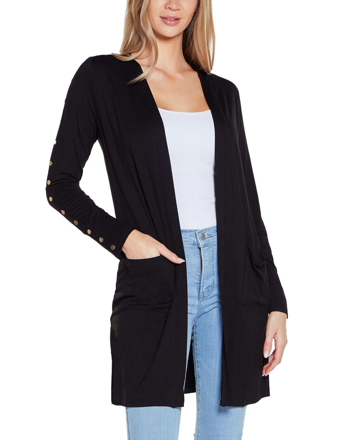 Belldini Women's Embellished Sleeve Knit Open Cardigan Top In Black