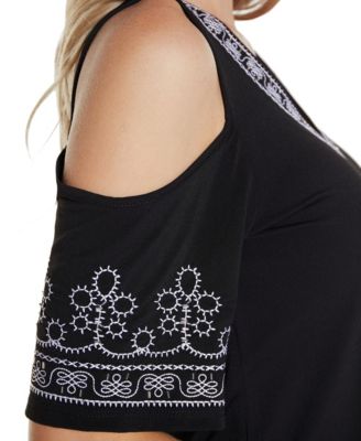 Women's Embroidered Cold-Shoulder Knit Top