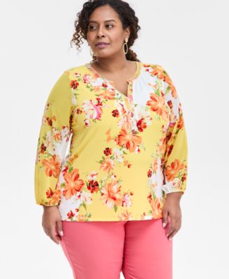 JM Collection - Plus Size Printed Embellished Paradise V-Neck Top