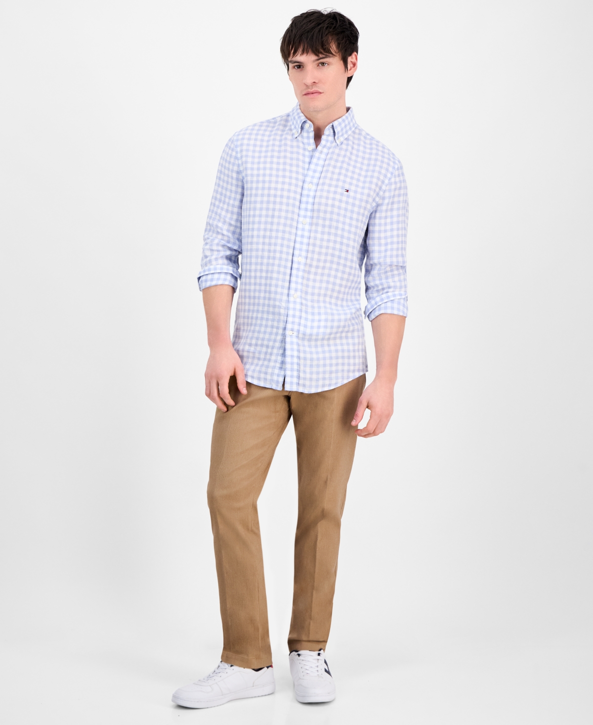 Shop Tommy Hilfiger Men's Slim-fit Gingham Linen Shirt In Breezy Blue,check