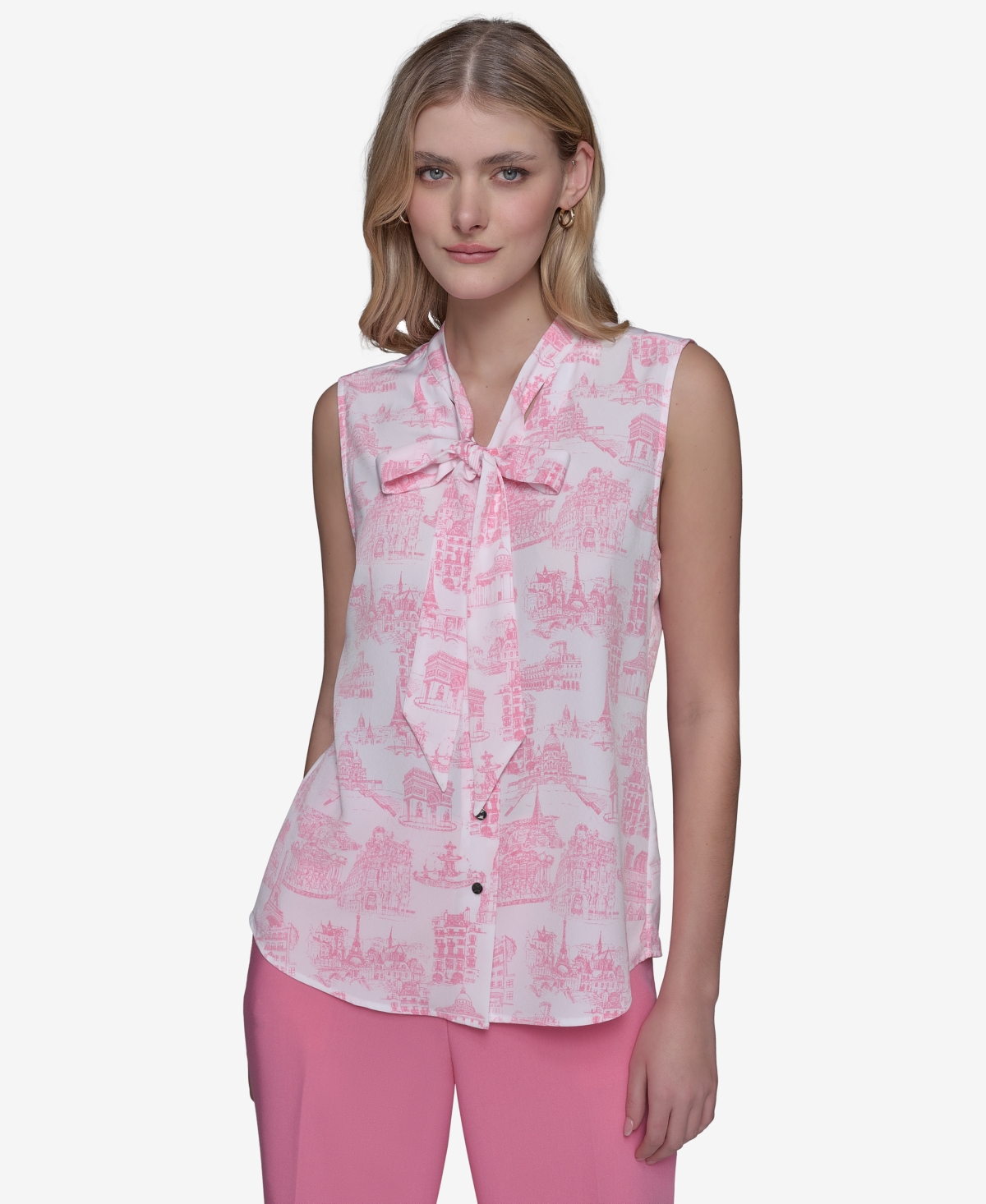 Women's Printed Tie-Neck Blouse - Pink Sherbet/soft White