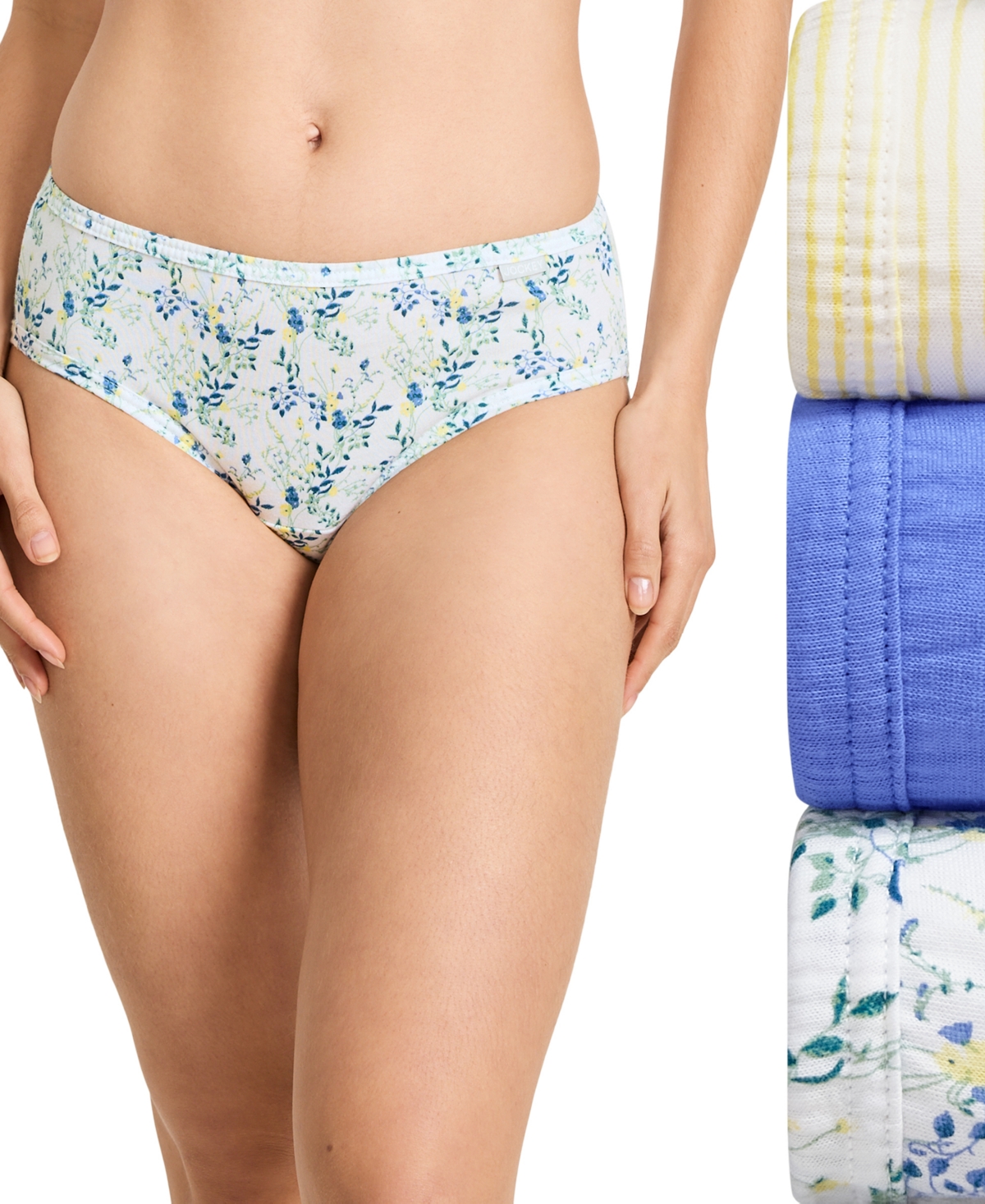 Jockey Elance Bikini Underwear 3 Pack 1489 In Iris Blue,tender Stripe Yellow-print,dai