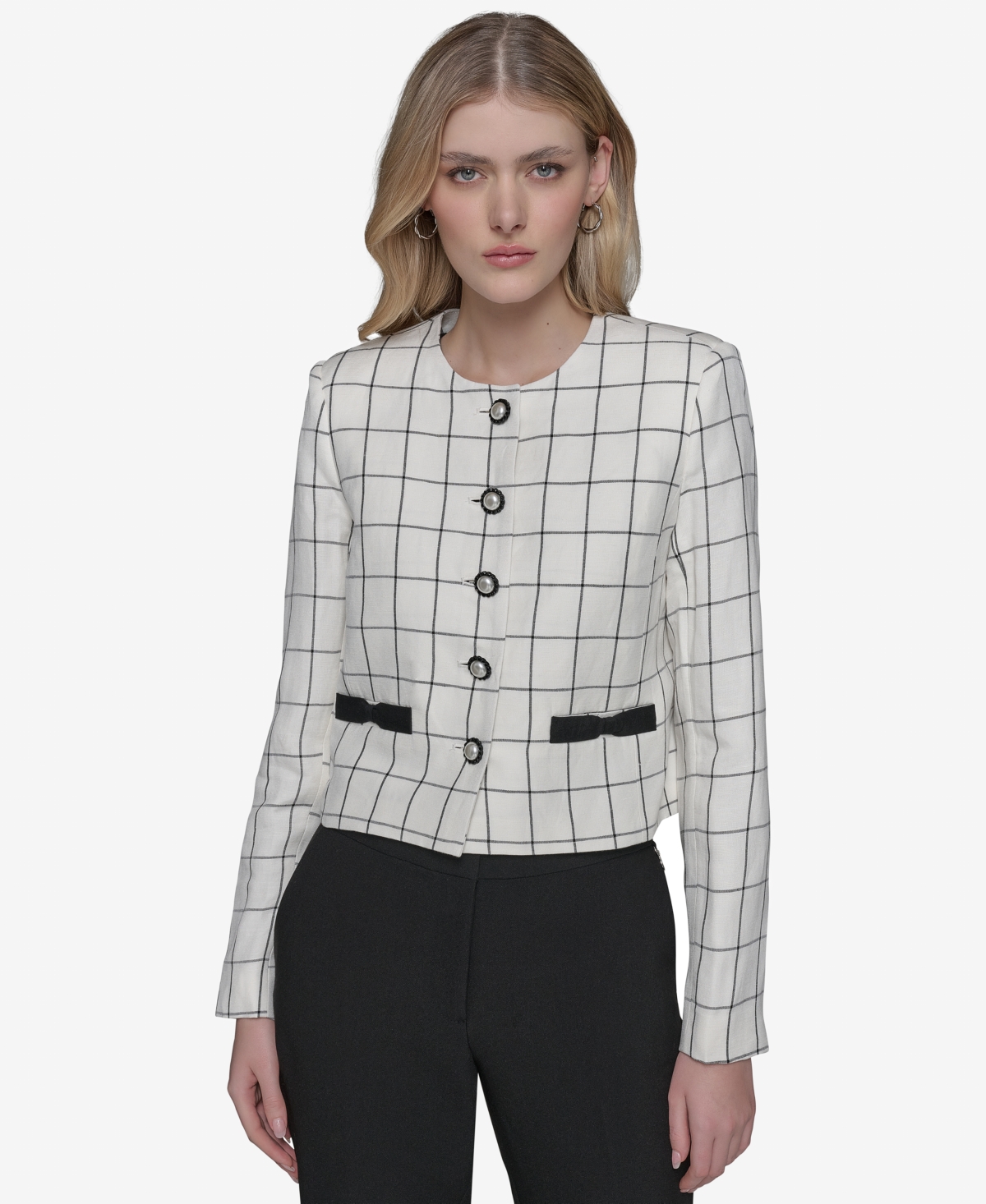 Shop Karl Lagerfeld Women's Windowpane-print Jacket In Soft White,black