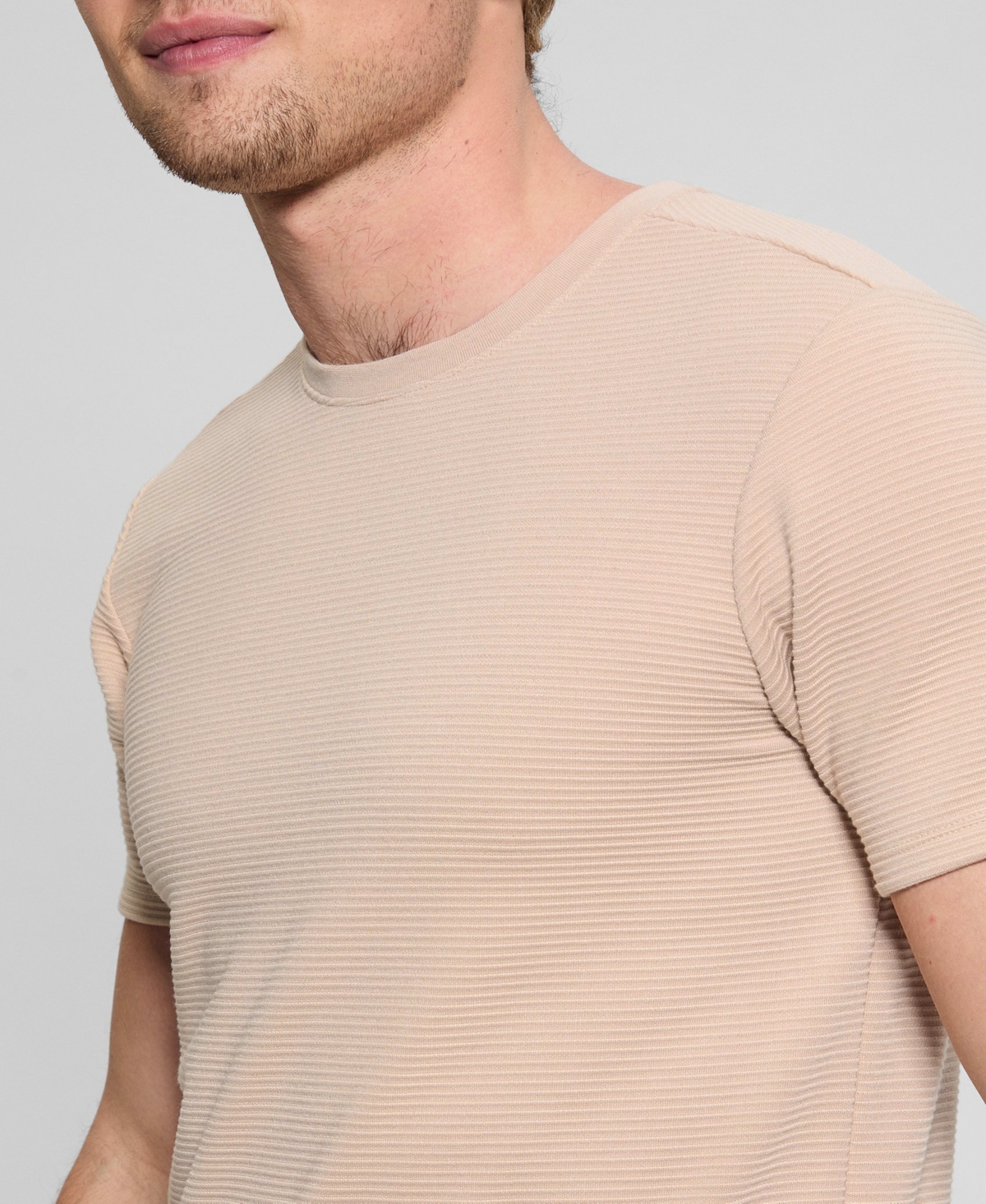 Guess Men's Relaxed Fit Linear Textured Short Sleeve Crewneck T-shirt In Tan