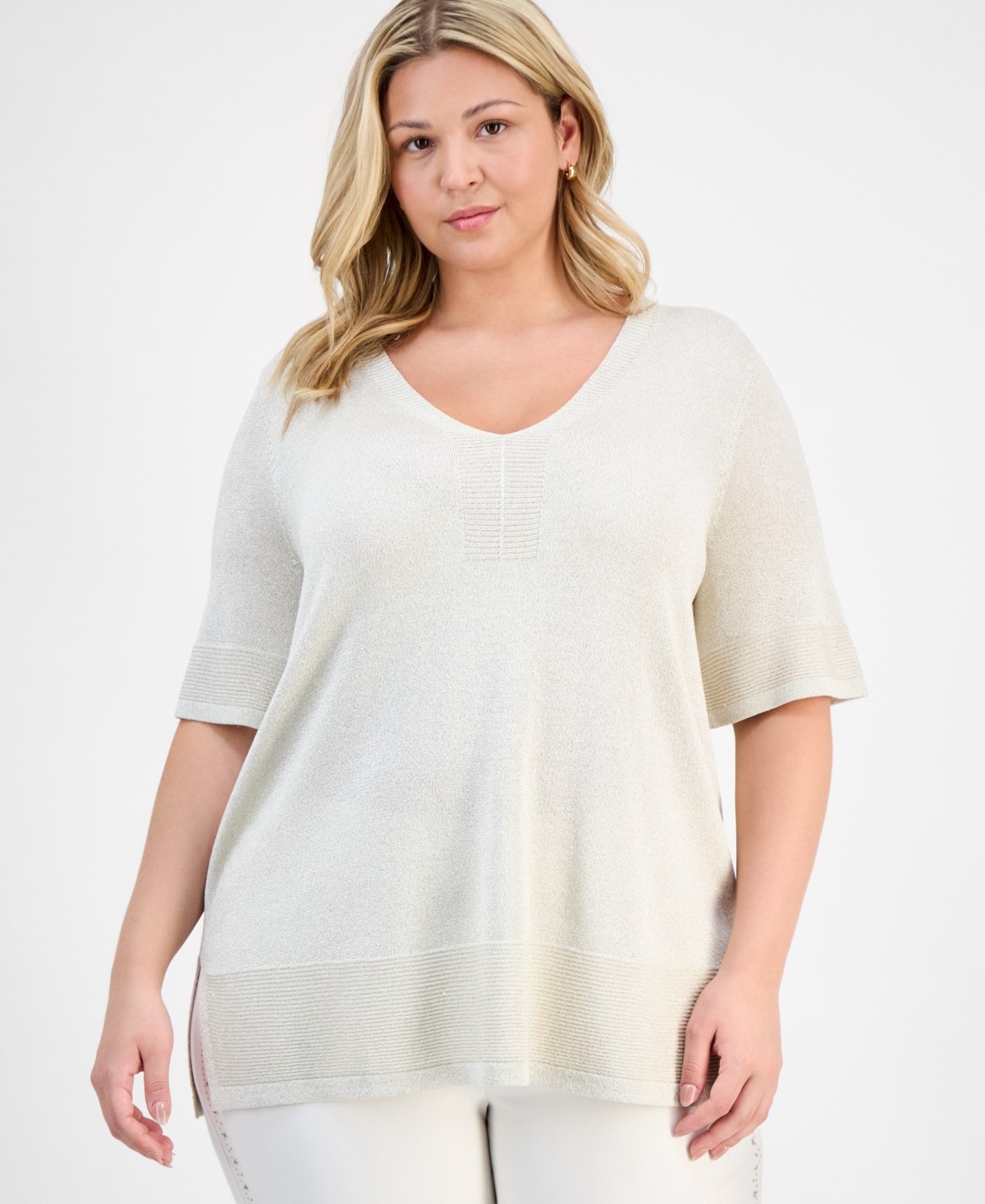 Jm Collection Plus Size Metallic Shine Elbow-sleeve Sweater Exclusively At Macy's