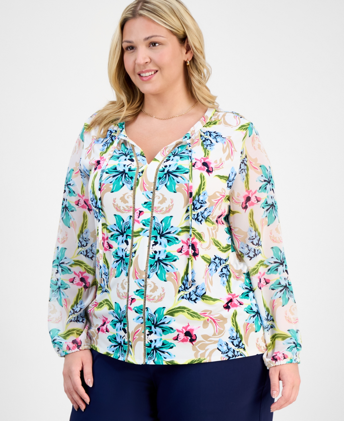 JM COLLECTION PLUS SIZE PRINTED MIXED-MEDIA TOP, EXCLUSIVELY AT MACY'S 