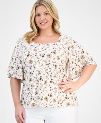 JM Collection - Plus Size Square-Neck Flutter-Sleeve Top