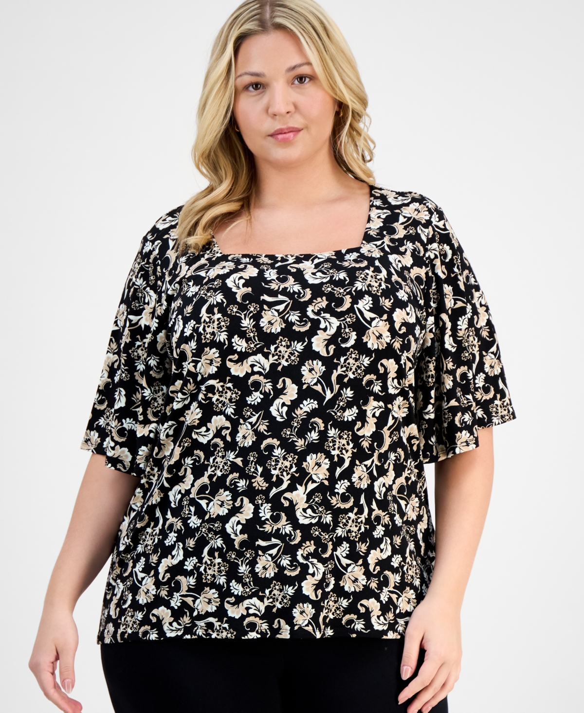 Jm Collection Plus Size Printed Flutter-sleeve Top, Exclusively At Macy's