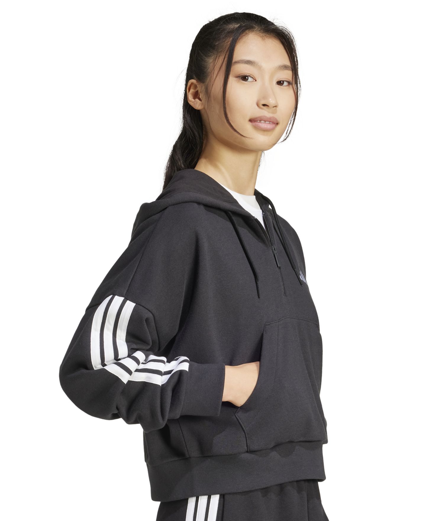 Женское худи adidas Essentials 3-Stripes French Terry Quarter-Zip, цвет: Чёрный / Белый — фото 2