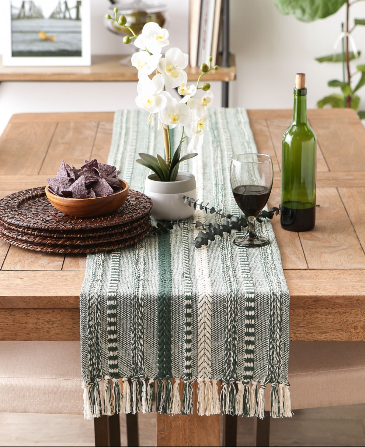 Design Imports Braided Stripe Jacquard Fringe Table Runner, 15" X 108"