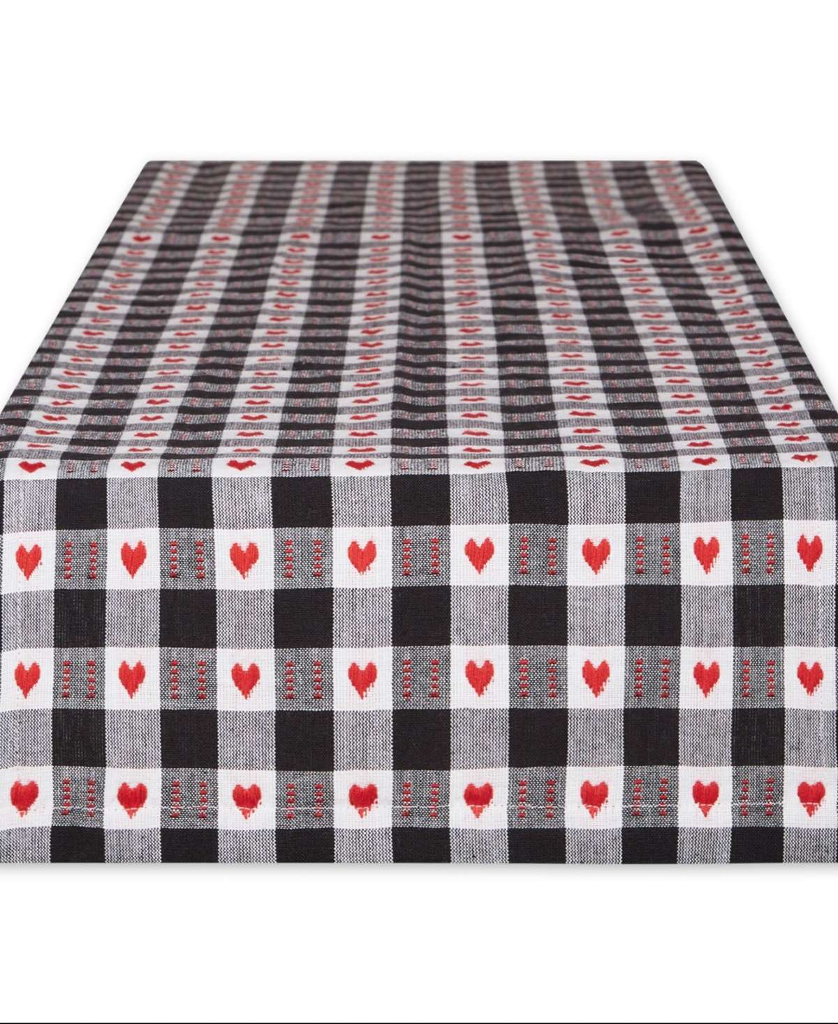 Design Imports Hearts Dobby Check Table Runner, 14" X 108" In Black,red