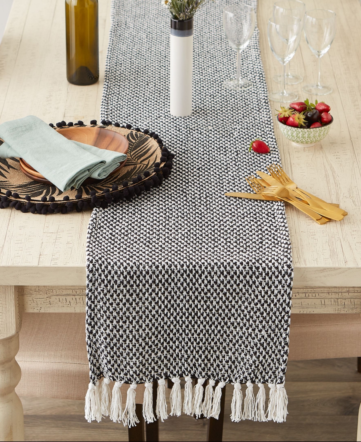 Design Imports Woven Jacquard Fringe Table Runner, 15" X 72" In Black